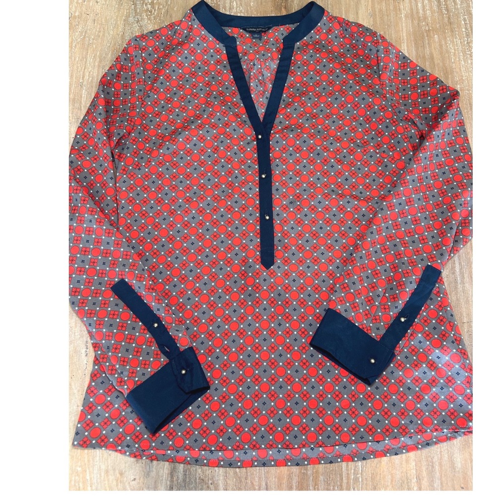 Banana Republic Red Navy Geometric Print Split Neck Tunic‎ Blouse Small